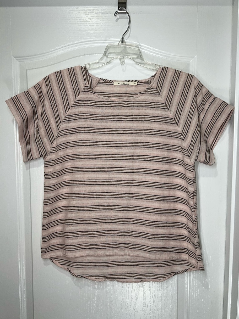 Ellison Striped Blush Linen Blend Raglan Short Sleeve Relaxed Fit Top Medium